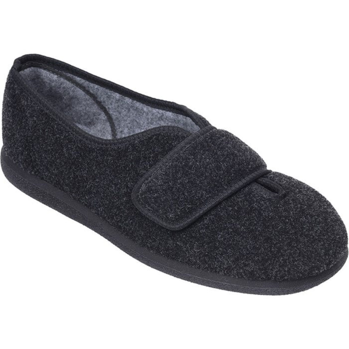 Ronnie Charcoal. Adjustable slip-on roomy slipper is cushioned underfoot. Ideal for problem toes